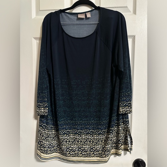 Chicos Top Womens 3 US (16) Navy Animal Print Ombre 3/4 Sleeves Tunic Stretch - Picture 1 of 4